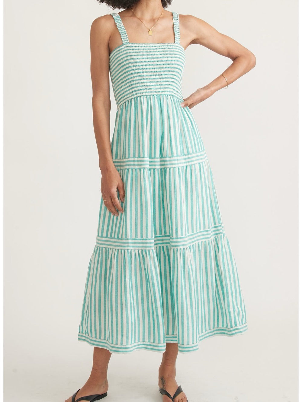 Marine Layer Selene Stripe Smocked Tiered Midi Dress XS Slushy